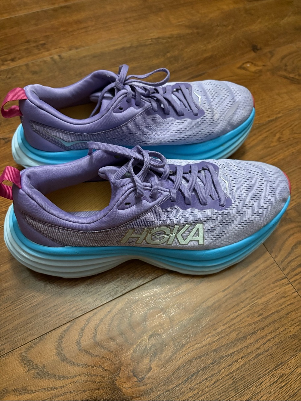 Hoka One One Lavender Athletic Shoes with Turquoise Midsole and Pink Heel Tab